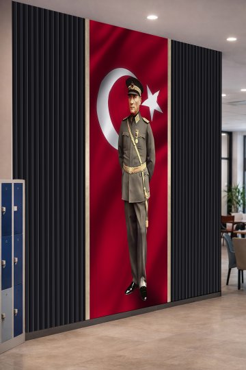 Dreamwall Askeri Üniformalı Atatürk Portresi ve Türk Bayrağı Desenli Tek Parça Tekstil Duvar Kağıdı küçük görsel 2