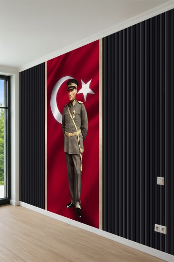 Dreamwall Askeri Üniformalı Atatürk Portresi ve Türk Bayrağı Desenli Tek Parça Tekstil Duvar Kağıdı küçük görsel 3