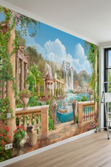 Dreamwall Aslan Heykelli Teras, Antik Tapınak ve Şelale Manzaralı Tek Parça Tekstil Duvar Kağıdı küçük görsel 2