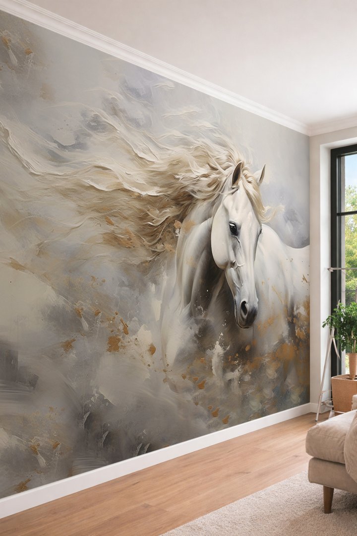 Dreamwall At Figürlü Yağlı Boya Efektli Modern Sanat Temalı Tek Parça Tekstil Duvar Kağıdı