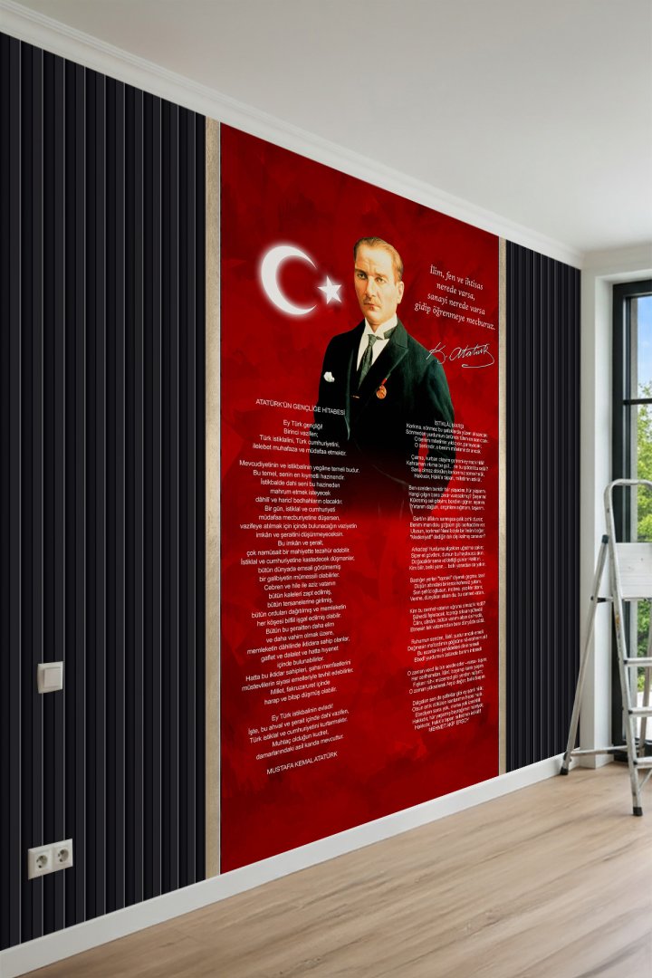 Dreamwall Atatürk Portresi, Bayrak, Gençliğe Hitabe ve İstiklal Marşı Desenli Tek Parça Tekstil Duva...