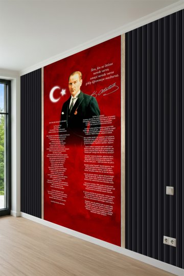 Dreamwall Atatürk Portresi, Bayrak, Gençliğe Hitabe ve İstiklal Marşı Desenli Tek Parça Tekstil Duvar Kağıdı küçük görsel 2
