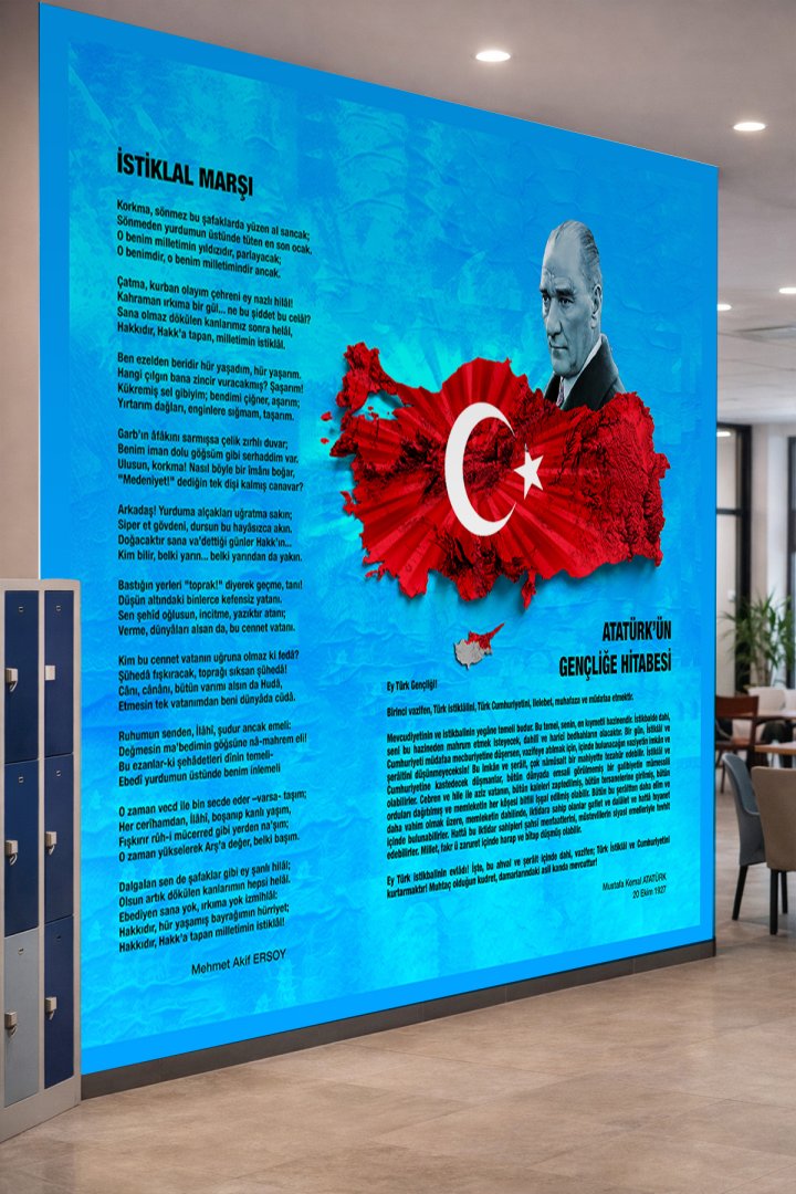 Dreamwall Atatürk Portresi, Kırmızı Türkiye Haritası, İstiklal Marşı ve Gençliğe Hitabe Motifli Tek...