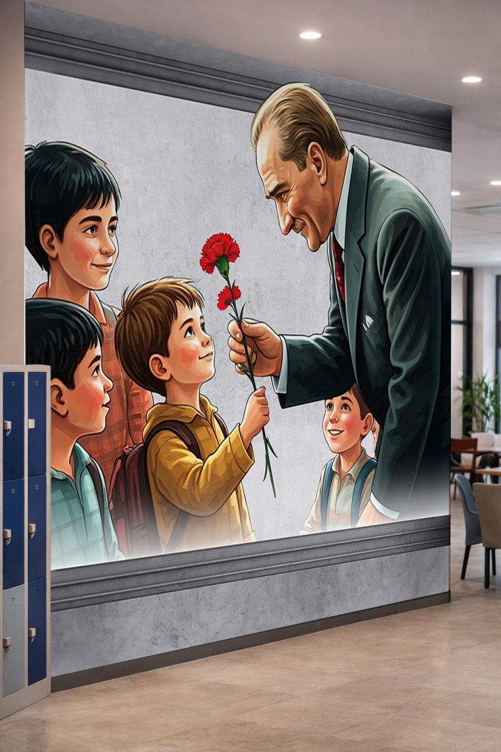 Dreamwall Atatürk ve Çocuklar, Kırmızı Karanfil ve Çerçeve Motifli Tek Parça Tekstil Duvar Kağıdı