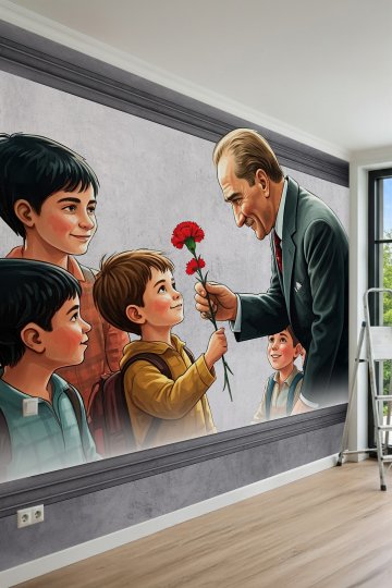 Dreamwall Atatürk ve Çocuklar, Kırmızı Karanfil ve Çerçeve Motifli Tek Parça Tekstil Duvar Kağıdı küçük görsel 2