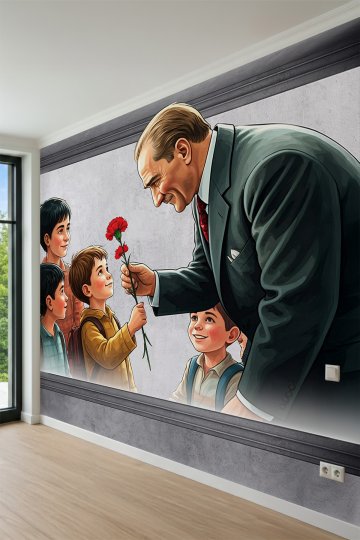 Dreamwall Atatürk ve Çocuklar, Kırmızı Karanfil ve Çerçeve Motifli Tek Parça Tekstil Duvar Kağıdı küçük görsel 3
