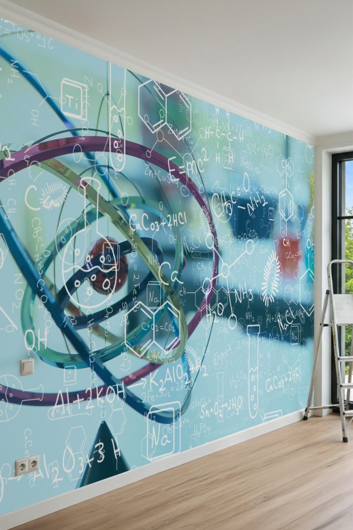 Dreamwall Atom Modeli, Kimyasal Formüller ve Bilimsel Çizim Motifli Tek Parça Tekstil Duvar Kağıdı