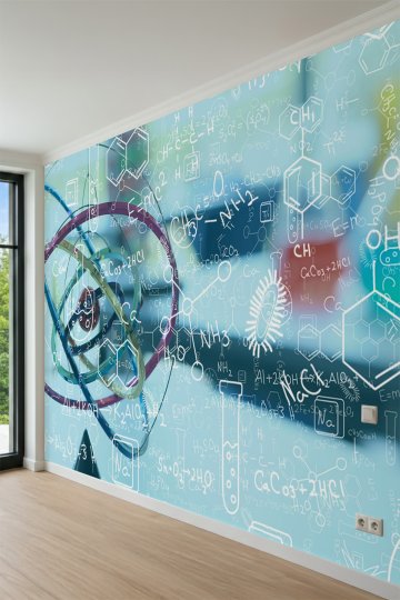 Dreamwall Atom Modeli, Kimyasal Formüller ve Bilimsel Çizim Motifli Tek Parça Tekstil Duvar Kağıdı küçük görsel 2