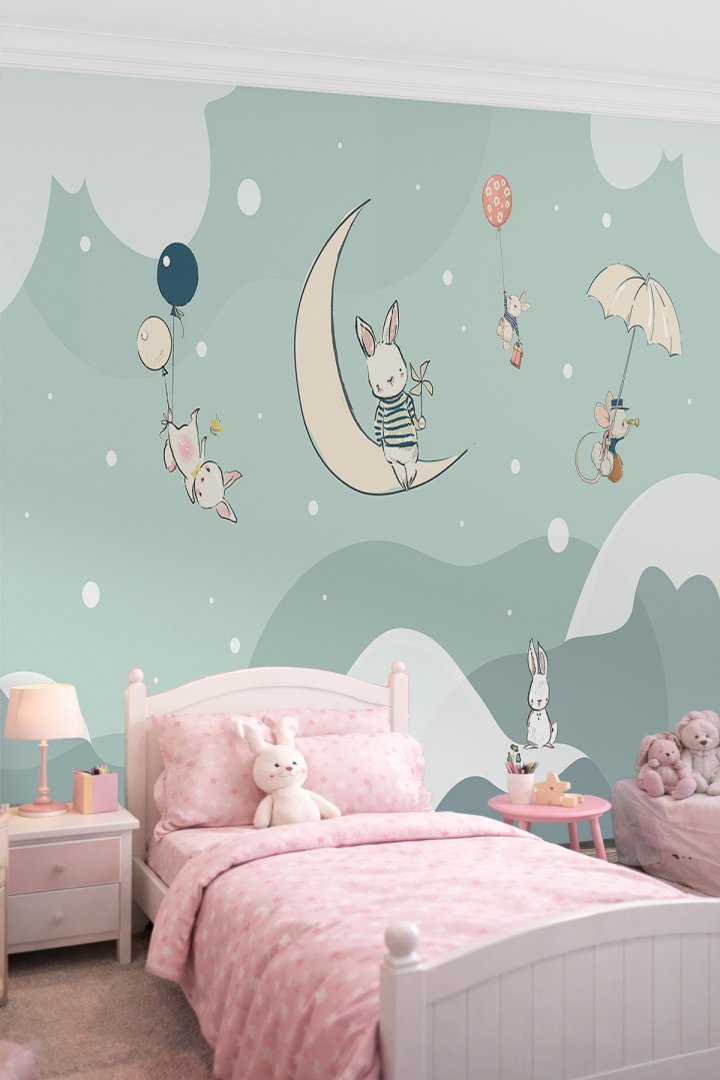 Dreamwall Ay Dede ve Bulutlarda Süzülen Tavşanlar Tek Parça Tekstil Duvar Kağıdı