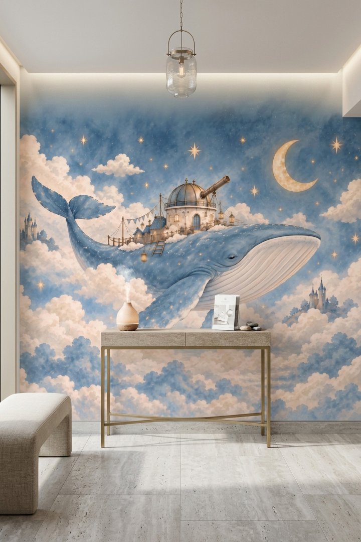 Dreamwall Ay Işığının Gezgin Balinası-Mavi Balina Desenli Tek Parça Tekstil Duvar Kağıdı 