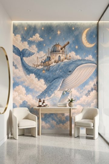 Dreamwall Ay Işığının Gezgin Balinası-Mavi Balina Desenli Tek Parça Tekstil Duvar Kağıdı  küçük görsel 2