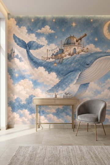 Dreamwall Ay Işığının Gezgin Balinası-Mavi Balina Desenli Tek Parça Tekstil Duvar Kağıdı  küçük görsel 3