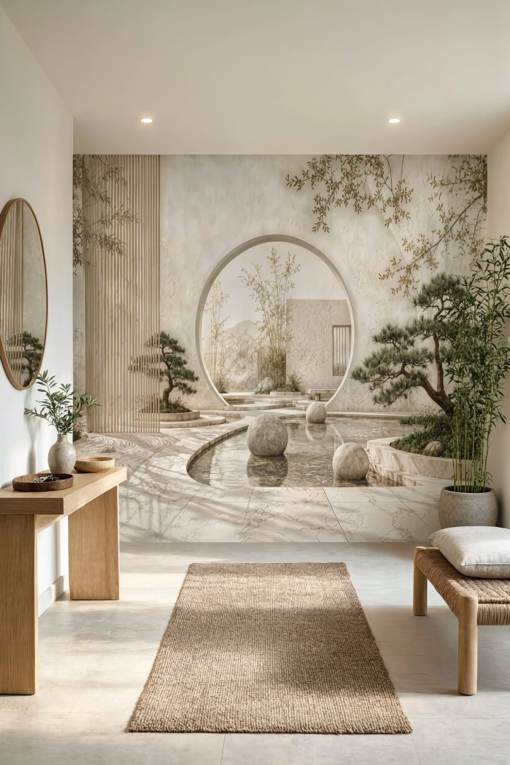 Dreamwall Ay Kapısının Ardındaki Zen Desenli Tek Parça Tekstil Duvar Kağıdı