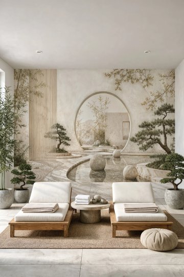 Dreamwall Ay Kapısının Ardındaki Zen Desenli Tek Parça Tekstil Duvar Kağıdı küçük görsel 2