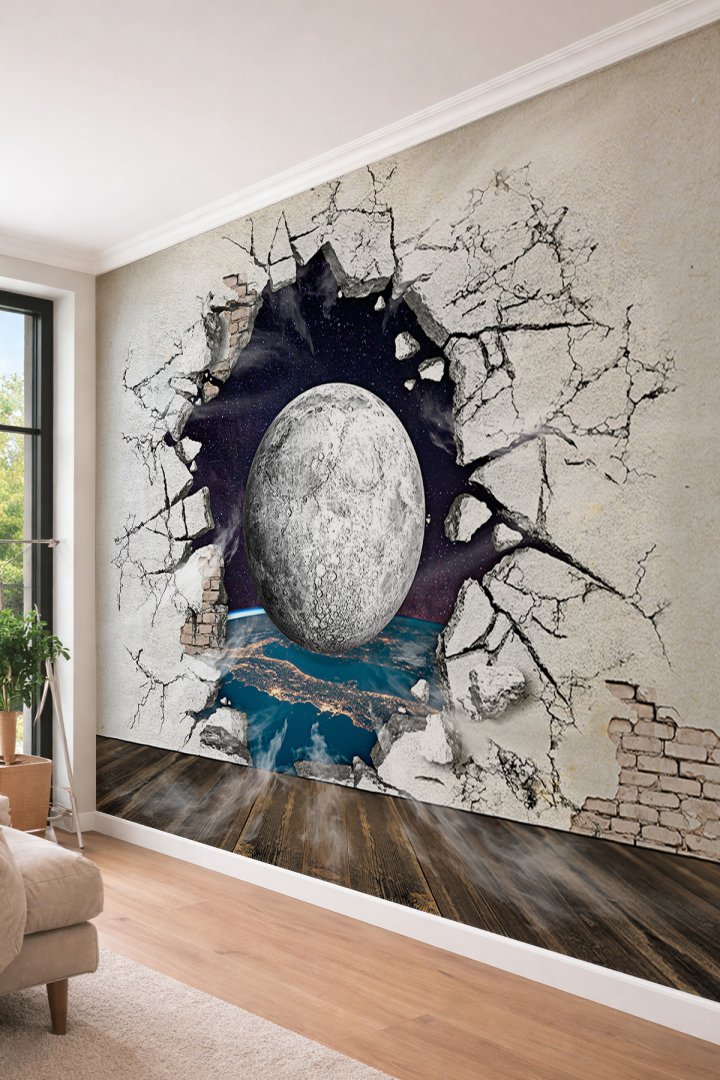 Dreamwall Ay ve Dünya Görünümlü 3D Duvar Çatlağı - Uzay Temalı Tek Parça Tekstil Duvar Kağıdı
