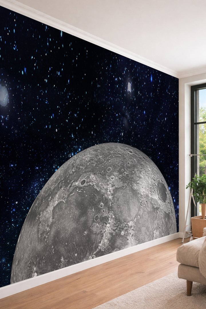 Dreamwall Ay Yüzeyi ve Yıldızlı Uzay Temalı 3D Derinlik Etkili Modern Tek Parça Tekstil Duvar Kağıdı