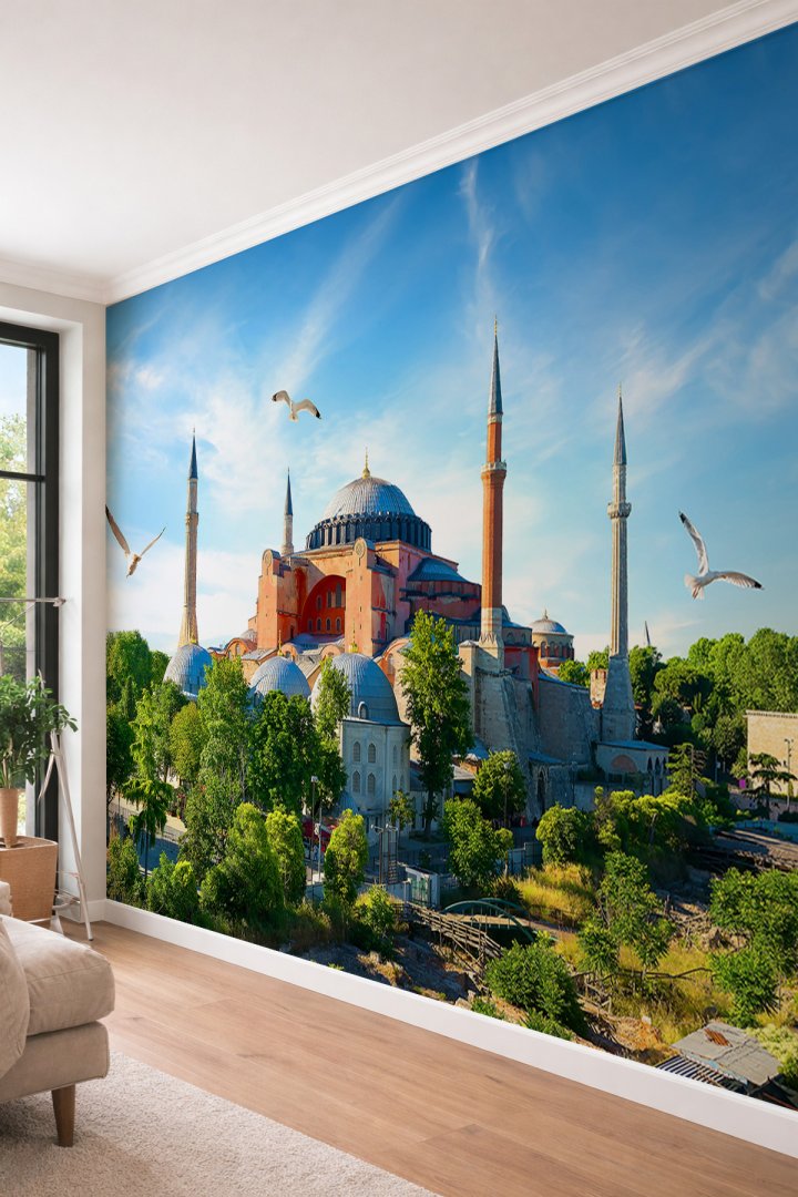 Dreamwall Ayasofya-i Kebir Camii ve Martı Temalı İstanbul Manzaralı Tekstil Duvar Kağıdı