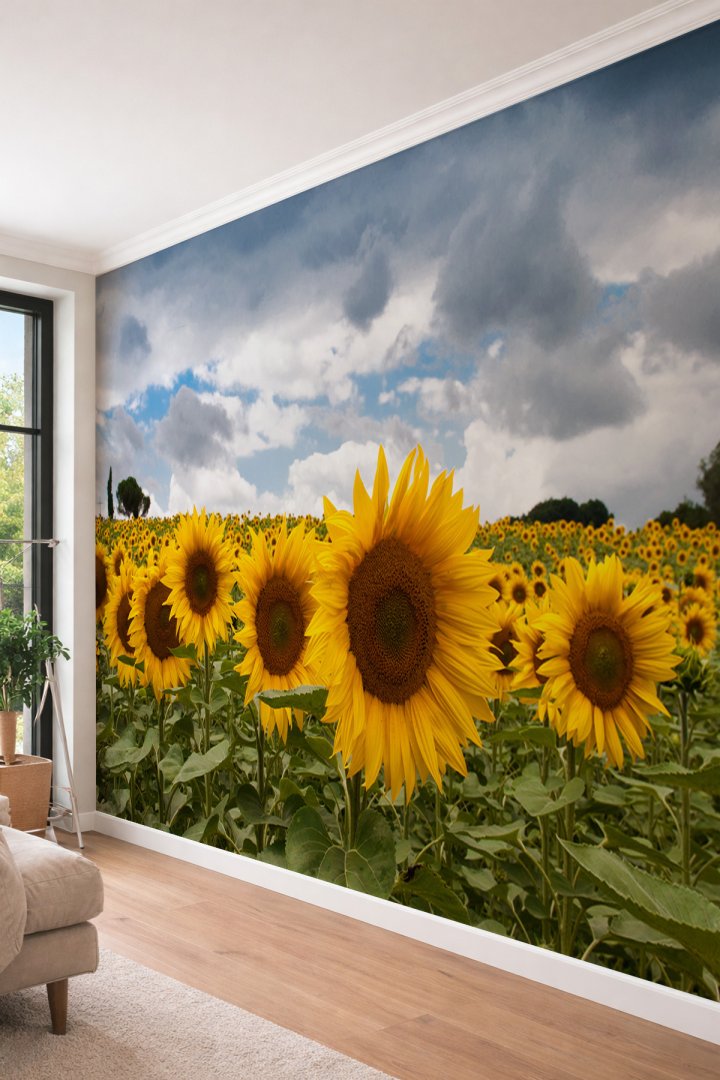 Dreamwall Ayçiçeği Tarlası ve Gökyüzü - Doğa Temalı Tek Parça Tekstil Duvar Kağıdı