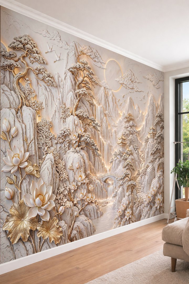Dreamwall Aydınlatmalı Dağlar, Lotus Çiçekleri, Bonsai Ağaçları ve Pagoda Motifli Tek Parça Tekstil...