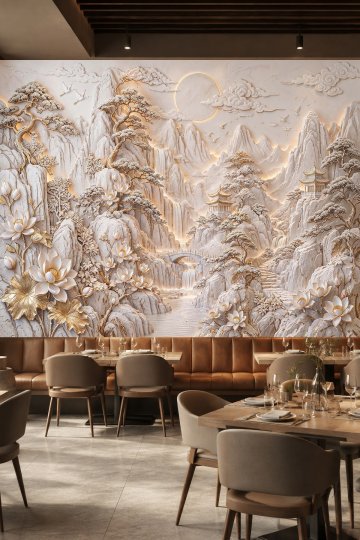 Dreamwall Aydınlatmalı Dağlar, Lotus Çiçekleri, Bonsai Ağaçları ve Pagoda Motifli Tek Parça Tekstil Duvar Kağıdı  küçük görsel 2