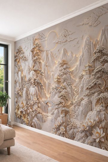 Dreamwall Aydınlatmalı Dağlar, Lotus Çiçekleri, Bonsai Ağaçları ve Pagoda Motifli Tek Parça Tekstil Duvar Kağıdı  küçük görsel 4