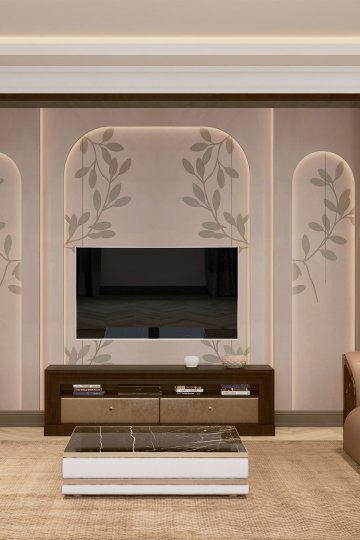 Dreamwall Aydınlatmalı Kemer Nişleri ve Yaprak Dalı Silüetli Tek Parça Tekstil Duvar Kağıdı  küçük görsel 1
