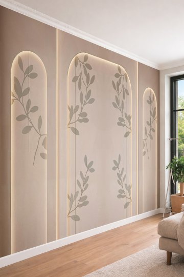 Dreamwall Aydınlatmalı Kemer Nişleri ve Yaprak Dalı Silüetli Tek Parça Tekstil Duvar Kağıdı  küçük görsel 2