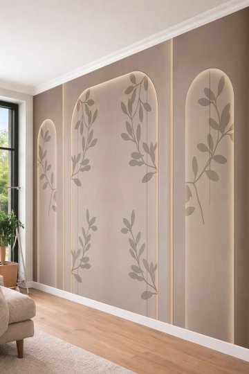 Dreamwall Aydınlatmalı Kemer Nişleri ve Yaprak Dalı Silüetli Tek Parça Tekstil Duvar Kağıdı  küçük görsel 3