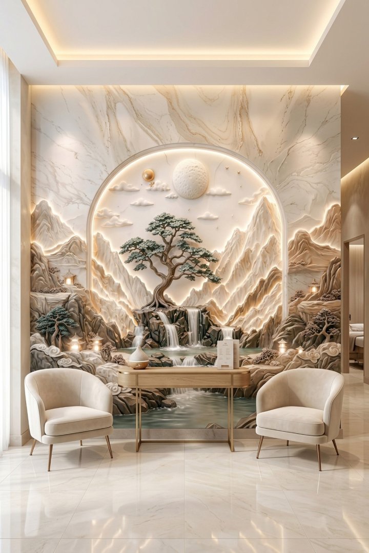 Dreamwall Ayın Sessiz Bahçesi-Kabartmalı Ay, Orman ve Şelale Desenli Tek Parça Tekstil Duvar Kağıdı 