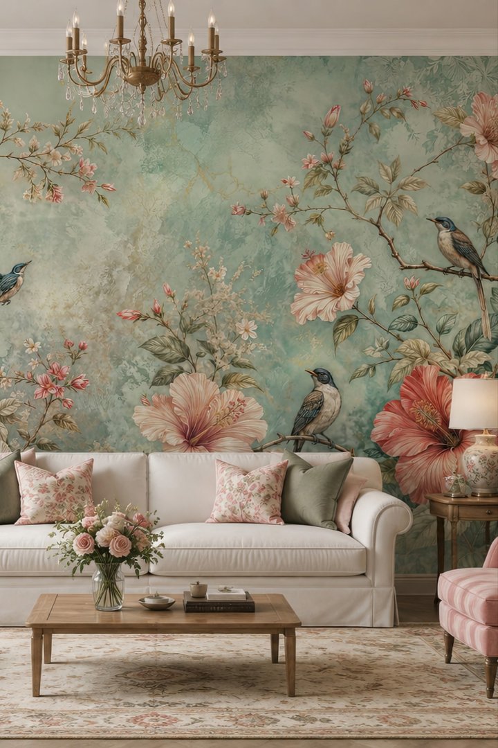 Dreamwall Bahar Dalları ve Kuşlar Tek Parça Tekstil Duvar Kağıdı