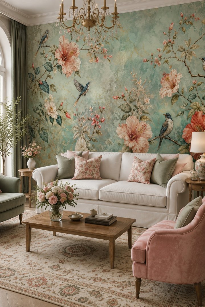 Dreamwall Bahar Dalları ve Kuşlar Tek Parça Tekstil Duvar Kağıdı