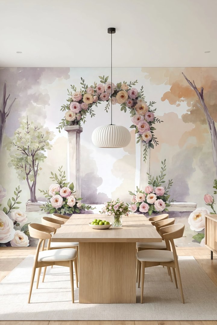 Dreamwall Bahçenin Unutulmuş Kapısı- Gül Sarmaşıklı Sütun Desenli Tek Parça Tekstil Duvar Kağıdı