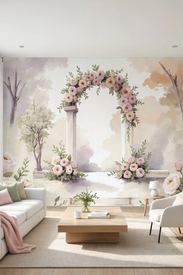 Dreamwall Bahçenin Unutulmuş Kapısı- Gül Sarmaşıklı Sütun Desenli Tek Parça Tekstil Duvar Kağıdı küçük görsel 2