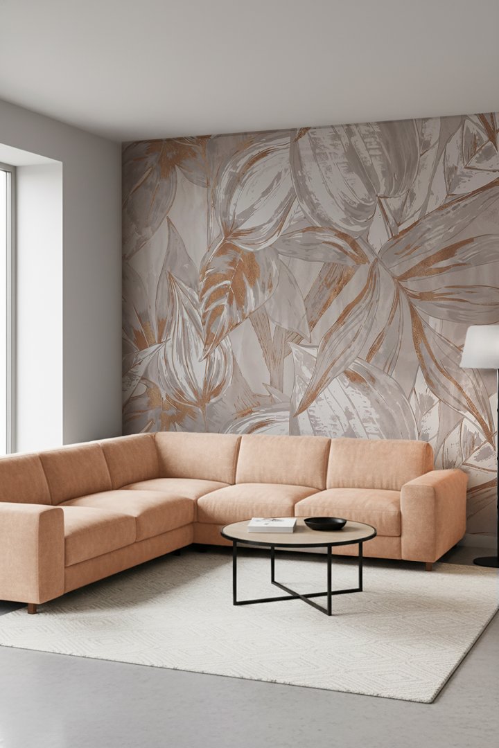 Dreamwall Bakır Yaldızlı Büyük Tropikal Yaprak Desenli Lüks Tek Parça Tekstil Duvar Kağıdı 
