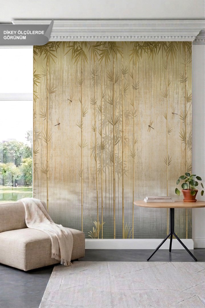 Dreamwall Bambu Çubukları ve Yusufçuk Böcekleri Mistik Dokulu Tek Parça Tekstil Duvar Kağıdı