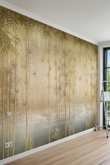 Dreamwall Bambu Çubukları ve Yusufçuk Böcekleri Mistik Dokulu Tek Parça Tekstil Duvar Kağıdı küçük görsel 4
