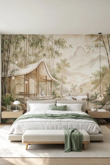 Dreamwall Bambu Sessizliği Bambu Sütunlu Bahçeli Ev Desenli Tek Parça Tekstil Duvar Kağıdı