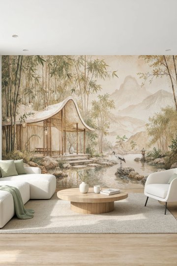 Dreamwall Bambu Sessizliği Bambu Sütunlu Bahçeli Ev Desenli Tek Parça Tekstil Duvar Kağıdı küçük görsel 2