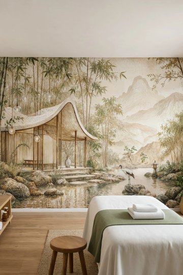 Dreamwall Bambu Sessizliği Bambu Sütunlu Bahçeli Ev Desenli Tek Parça Tekstil Duvar Kağıdı küçük görsel 4