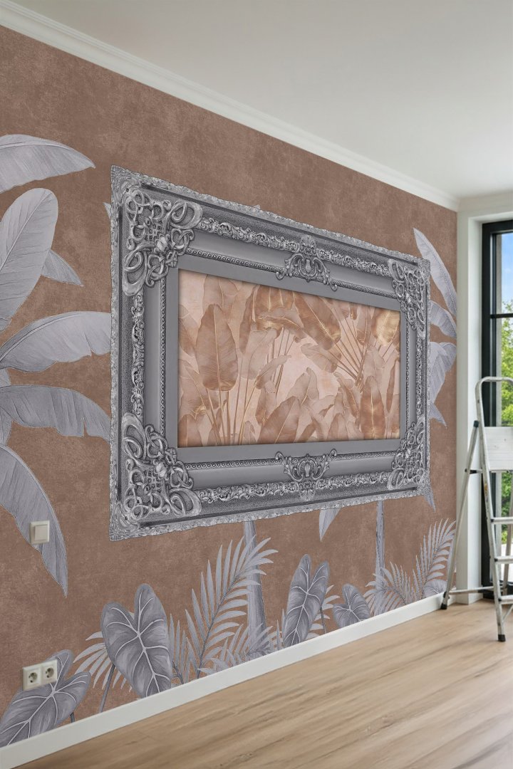 Dreamwall Barok Çerçeveli Tropikal Yaprak Pano Desenli Tek Parça Tekstil Duvar Kağıdı