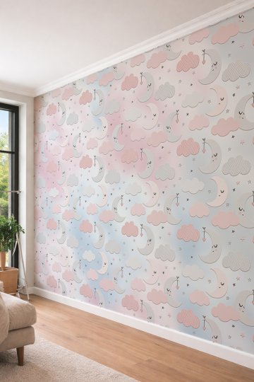 Dreamwall Bebek Odası İçin Ay Yıldız Bulut Temalı Pastel Tonlarda Tek Parça Tekstil Duvar Kağıdı