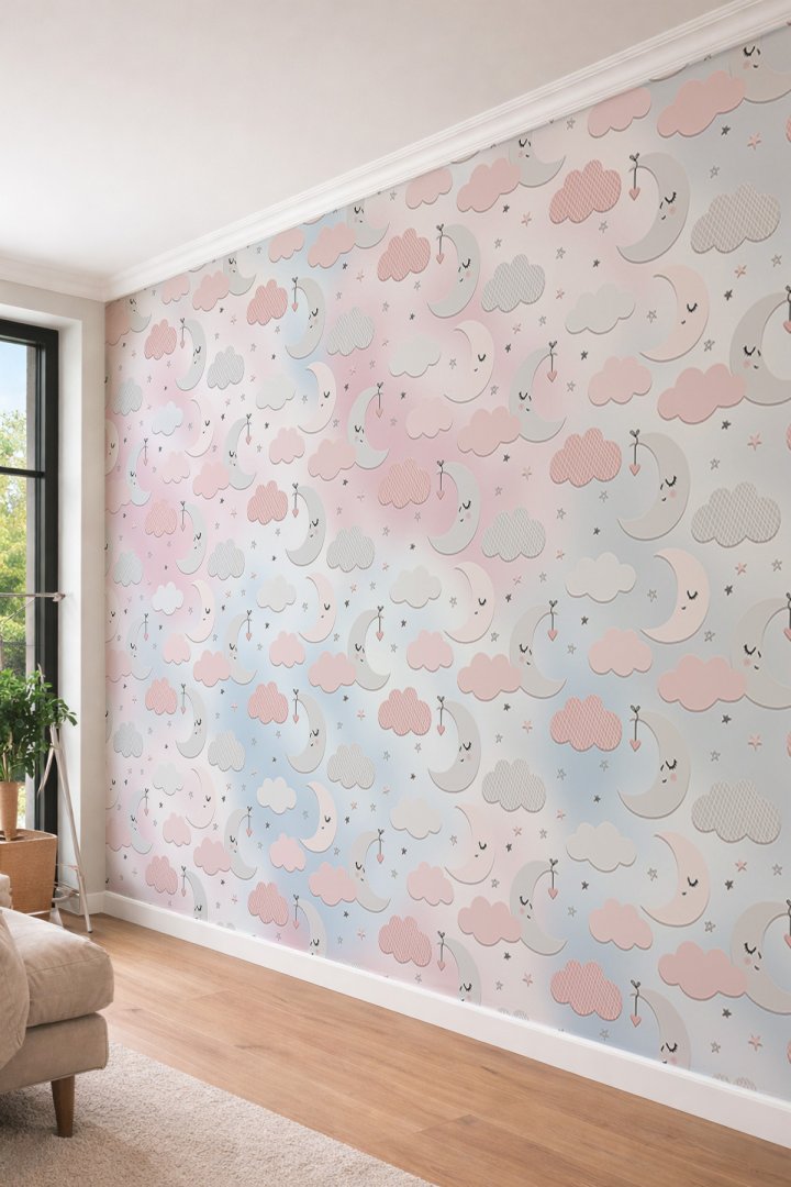 Dreamwall Bebek Odası İçin Ay Yıldız Bulut Temalı Pastel Tonlarda Tek Parça Tekstil Duvar Kağıdı