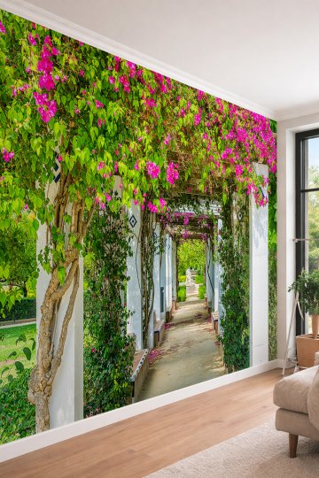 Dreamwall Begonvil Çiçekli Bahçe Yolu ve Doğa Manzaralı Tek Parça Tekstil Duvar Kağıdı
