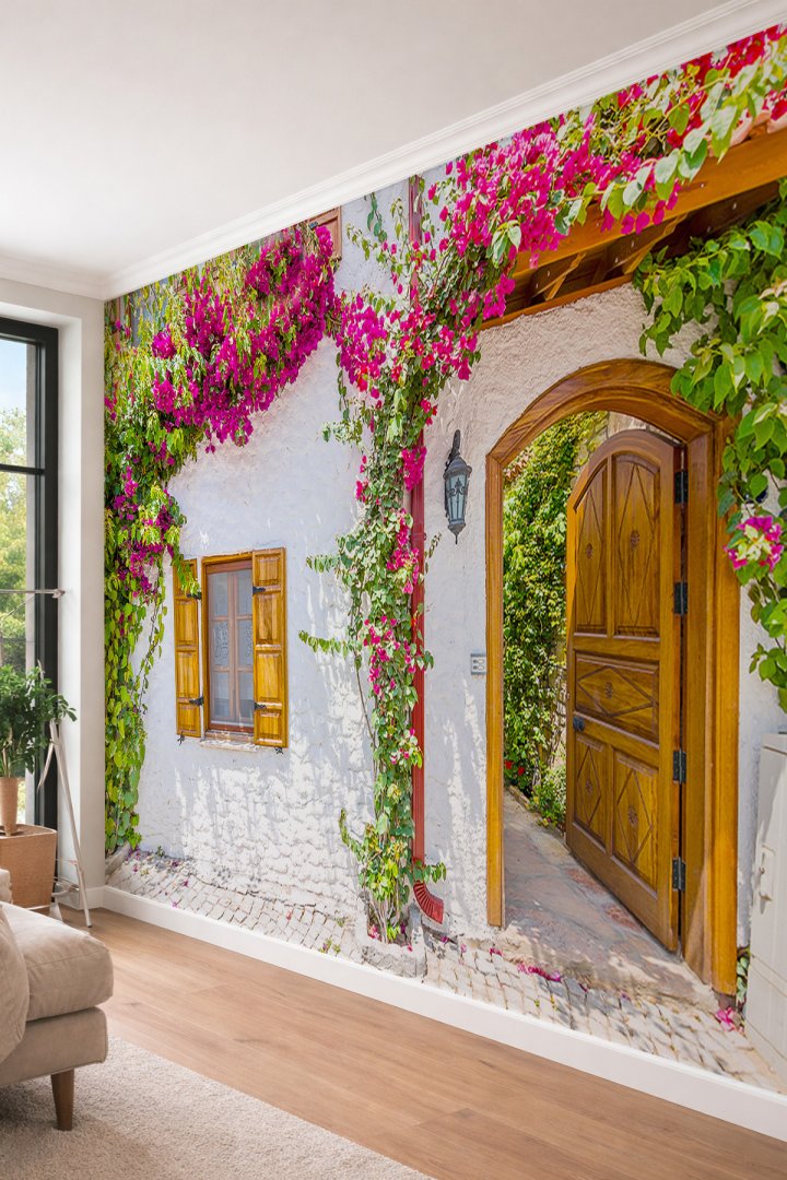 Dreamwall Begonvilli Ege Evi - Nostaljik Sokak Manzaralı Tek Parça Tekstil Duvar Kağıdı