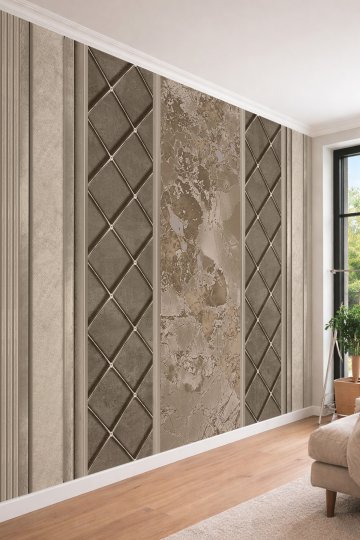 Dreamwall Bej Kapitone Görünümlü ve Mermer Panel Desenli Tekstil Duvar Kağıdı