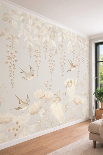Dreamwall Bej ve Krem Tonlu Sarkan Çiçek Salkımları, Kuşlar ve Botanik Motifli Tek Parça Tekstil Duvar Kağıdı 