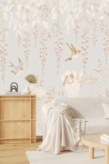 Dreamwall Bej ve Krem Tonlu Sarkan Çiçek Salkımları, Kuşlar ve Botanik Motifli Tek Parça Tekstil Duvar Kağıdı  küçük görsel 2