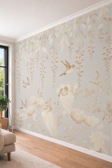 Dreamwall Bej ve Krem Tonlu Sarkan Çiçek Salkımları, Kuşlar ve Botanik Motifli Tek Parça Tekstil Duvar Kağıdı  küçük görsel 3
