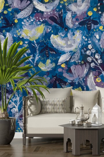 Dreamwall Bej Zemin Üzerine Mavi Tonlarında Kuşlar, Yapraklar ve Soyut Mimari Motifli Tek Parça Duvar Kağıdı  küçük görsel 2
