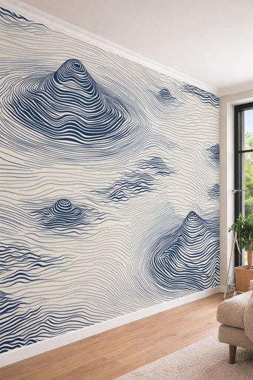 Dreamwall Bej Zeminde Lacivert Topoğrafik Çizgiler ve Dalga Formlu Tek Parça Tekstil Duvar Kağıdı  küçük görsel 1